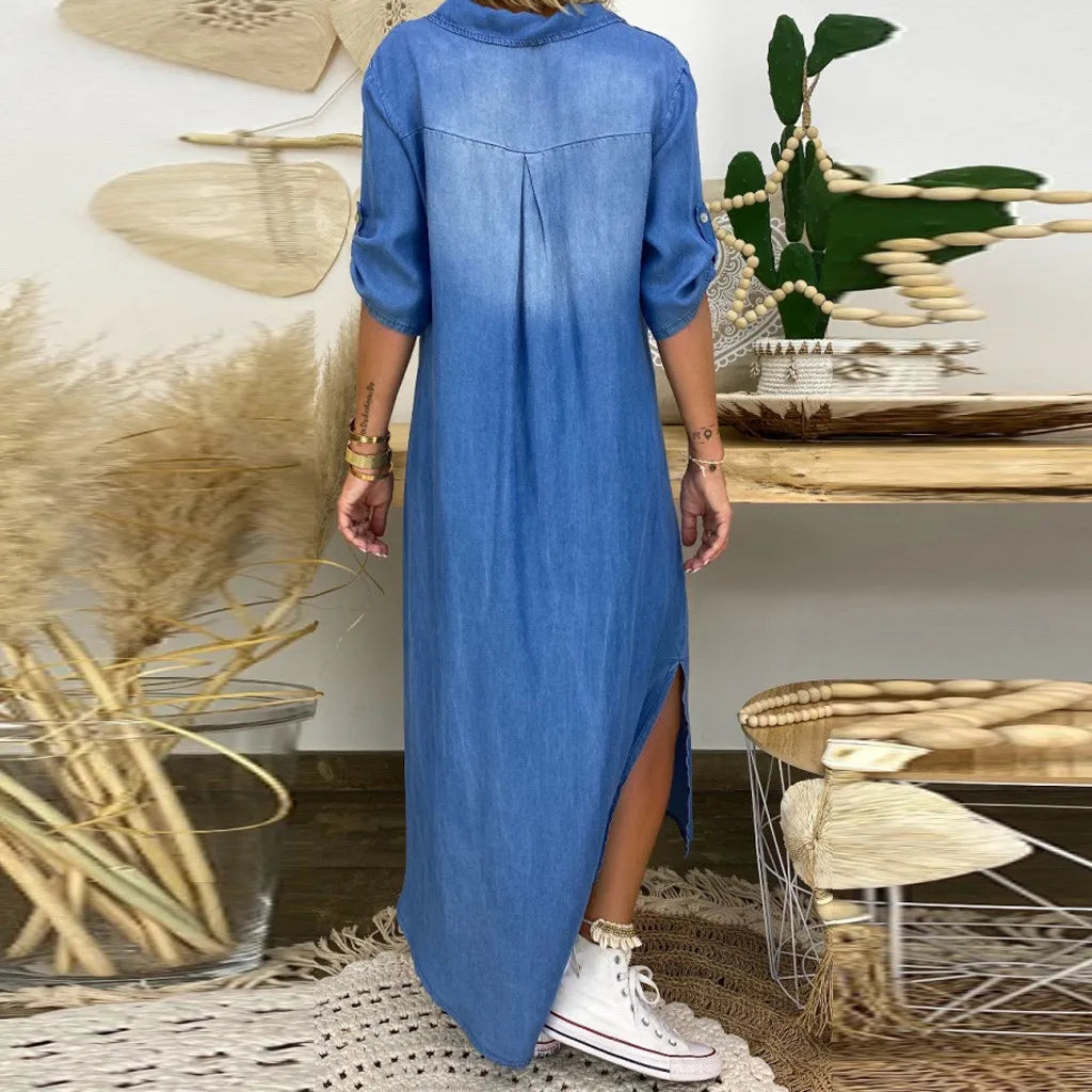 Lea | Long Denim Look Dress with Side Split