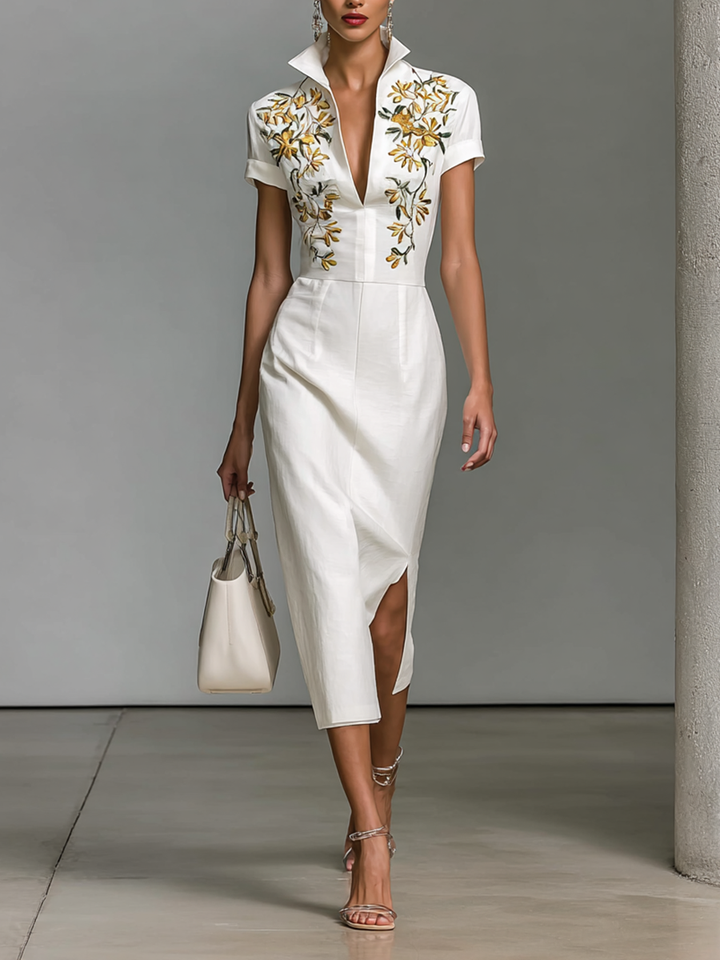 Moira I Embroidered Midi Dress with V-neck