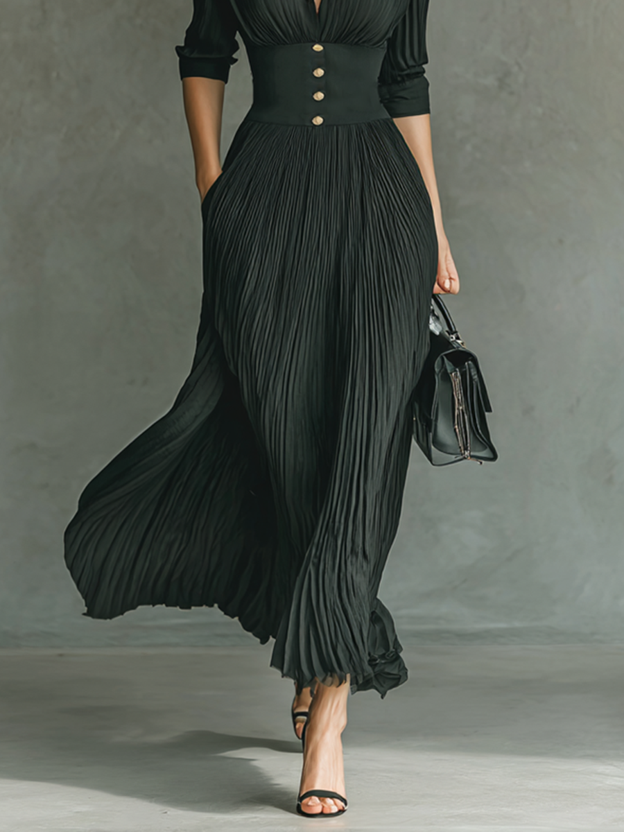 Sandra | Long Pleated Maxi Dress with Long Sleeves