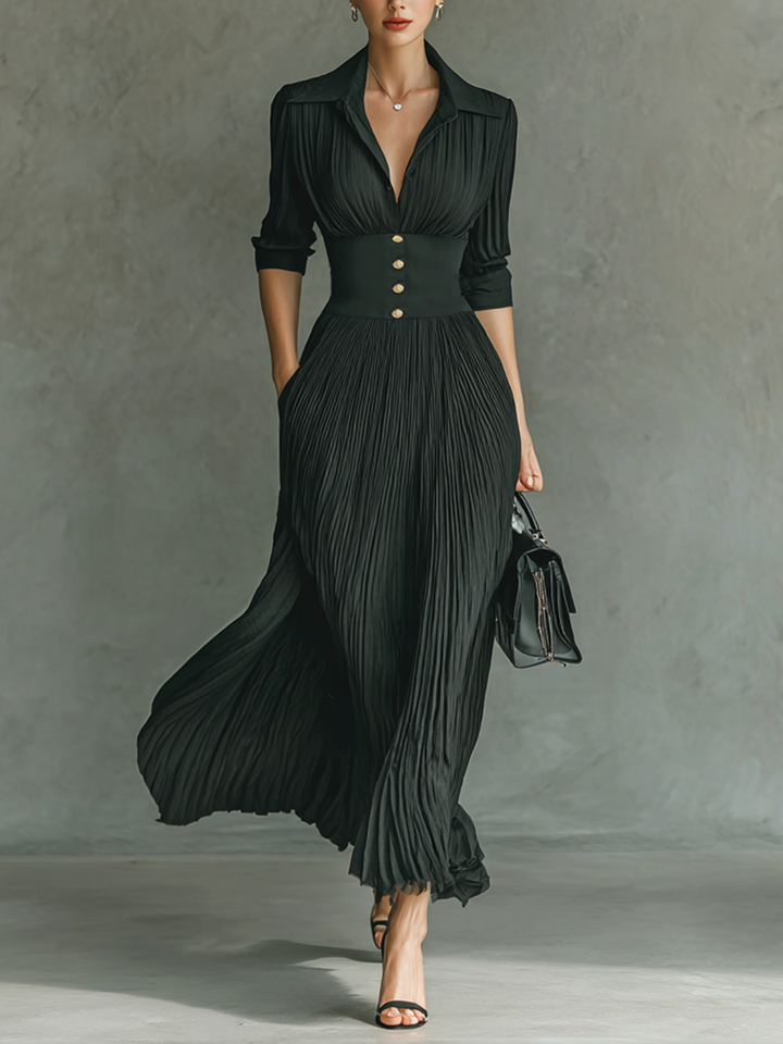Sandra | Long Pleated Maxi Dress with Long Sleeves