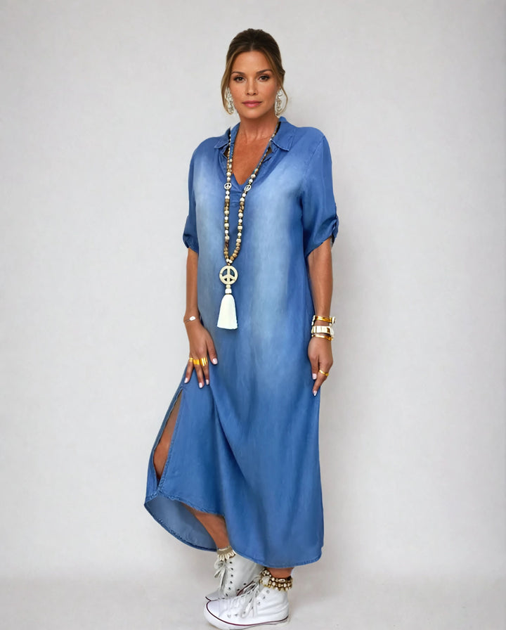 Lea | Long Denim Look Dress with Side Split