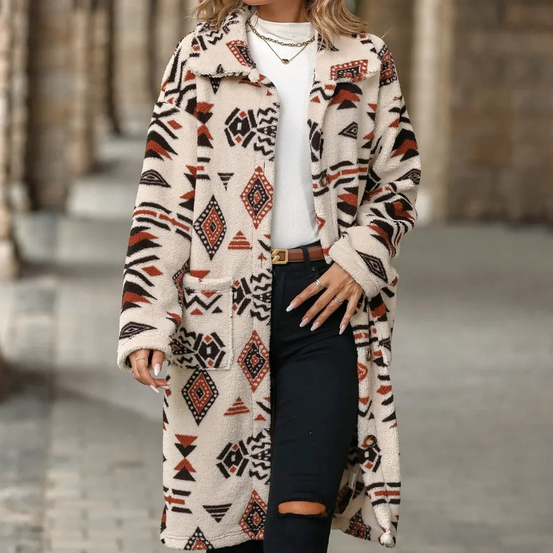 Juliette | Long Overcoat with Single Button Closure and Print