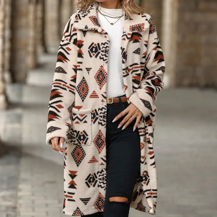 Juliette | Long Overcoat with Single Button Closure and Print