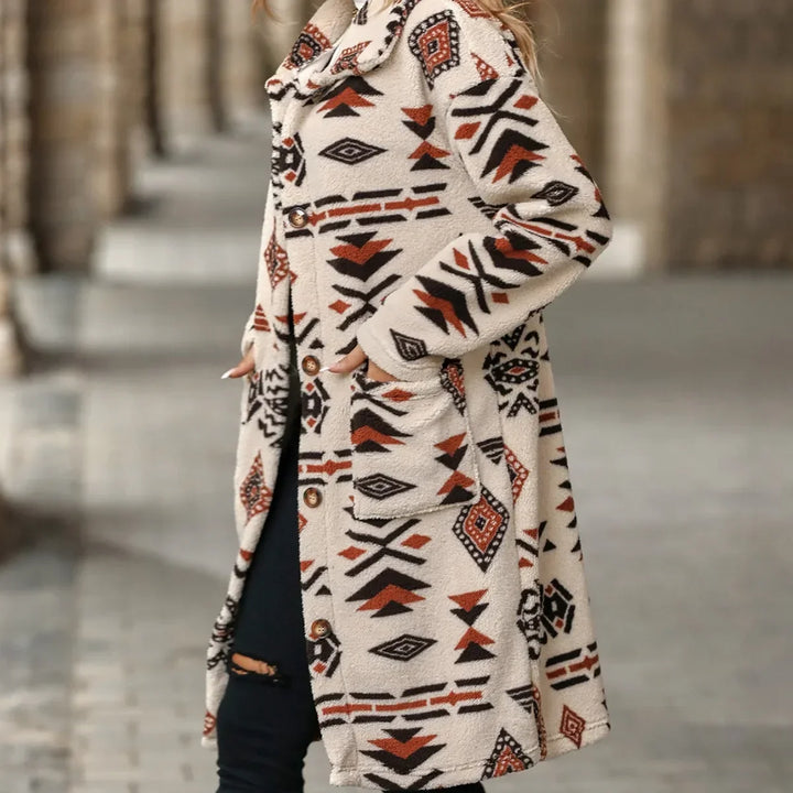 Juliette | Long Overcoat with Single Button Closure and Print
