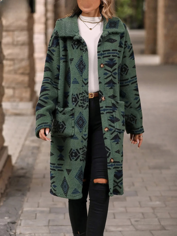 Juliette | Long Overcoat with Single Button Closure and Print