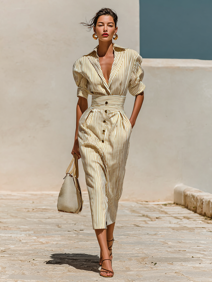 Jeana | Striped Midi Dress with Puffed Sleeve