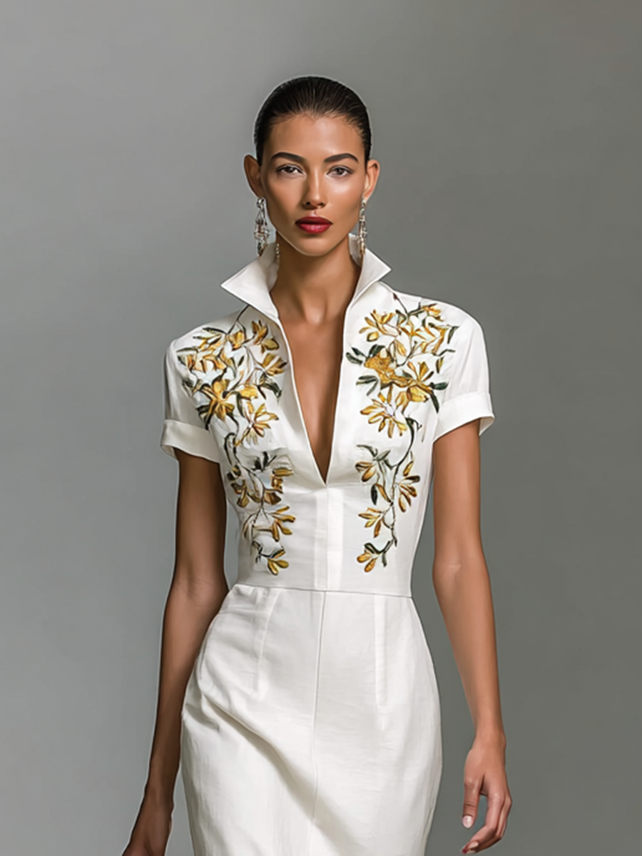 Moira I Embroidered Midi Dress with V-neck