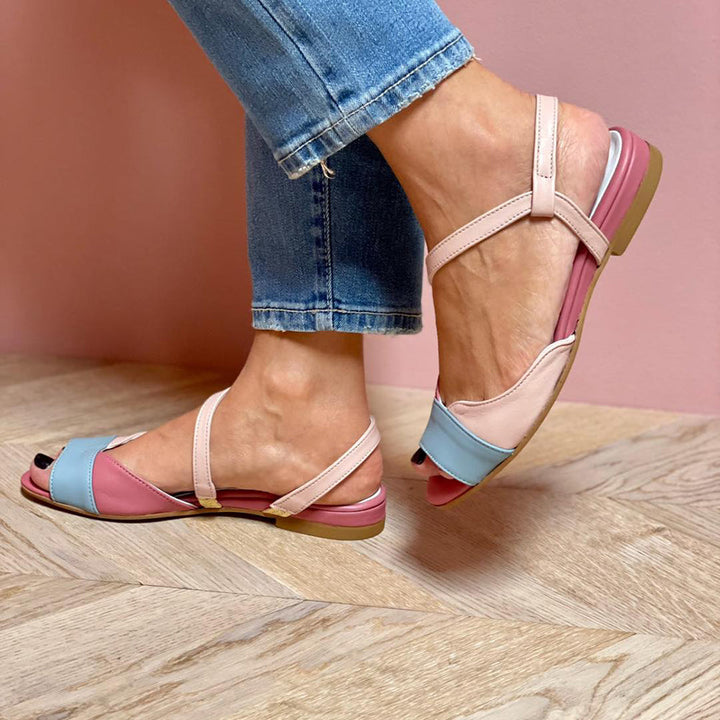 Ellela™ | Elegant asymmetric pink sandals with colour block details