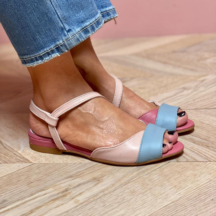 Ellela™ | Elegant asymmetric pink sandals with colour block details