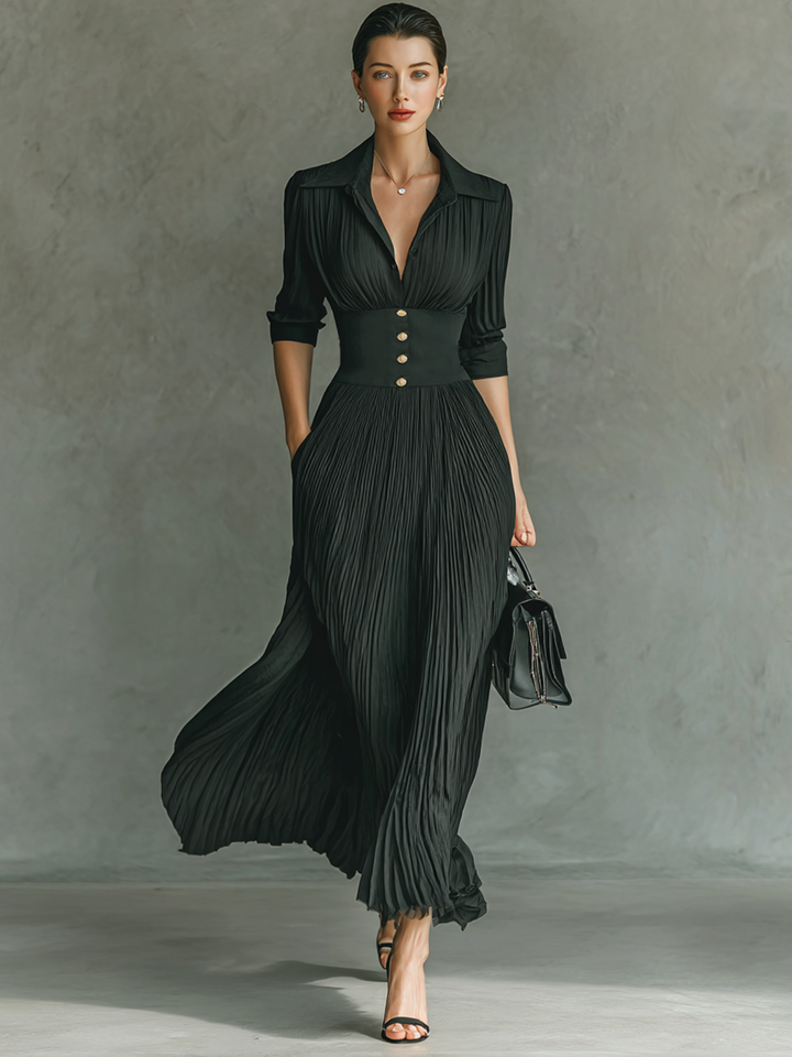 Sandra | Long Pleated Maxi Dress with Long Sleeves